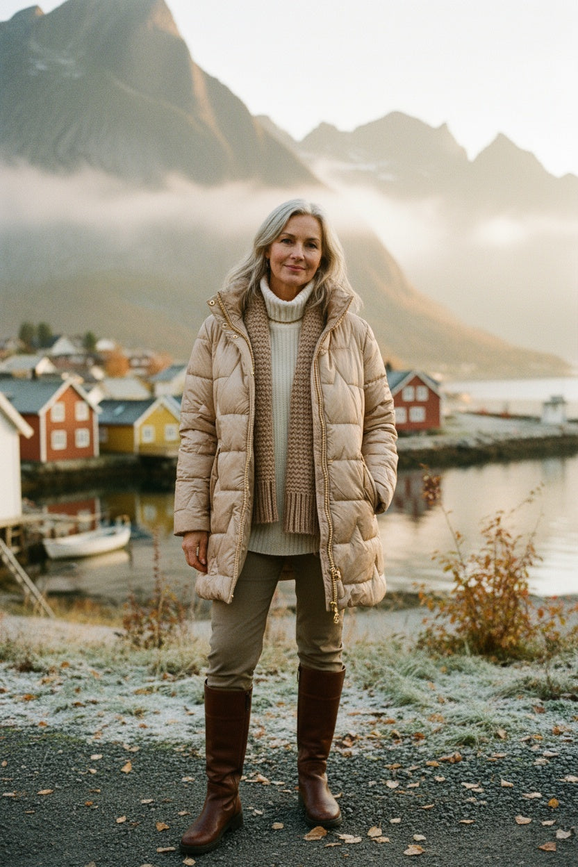 Olivia - Lang, varm vattert jakke med omslagshette