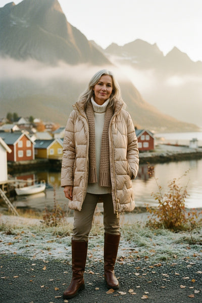 Olivia - Lang, varm vattert jakke med omslagshette